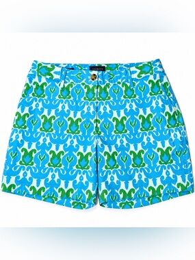 Talbots Relaxed Chino Shorts Women size 2P Blue Green Print 6” Stretch Cotton